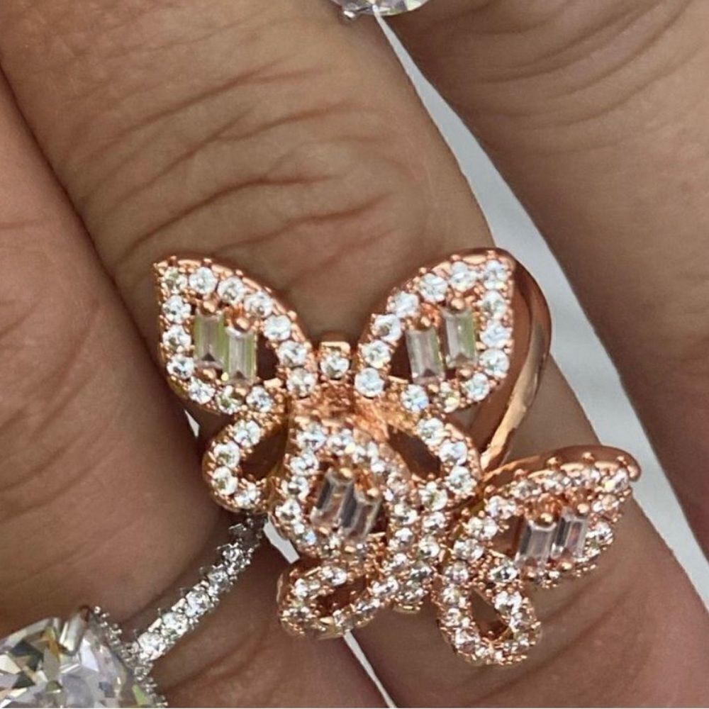 Rose gold Color double Butterfly Ring with Bling Zircon Stones copper size 5